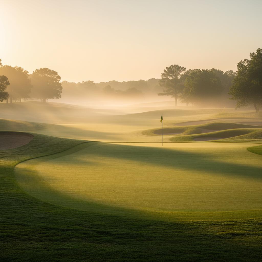 A golf course green at sunrise with a flagstick in the distance